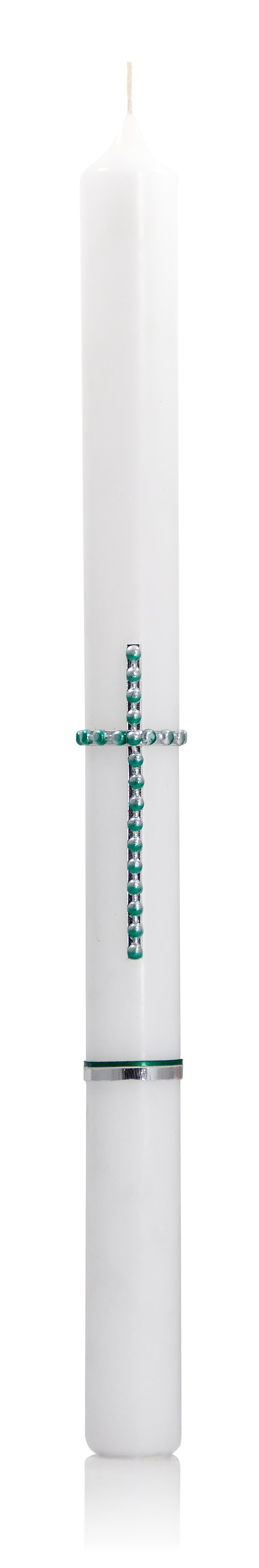 Kommunionkerze Perlenkreuz 415/30mm (Silber)