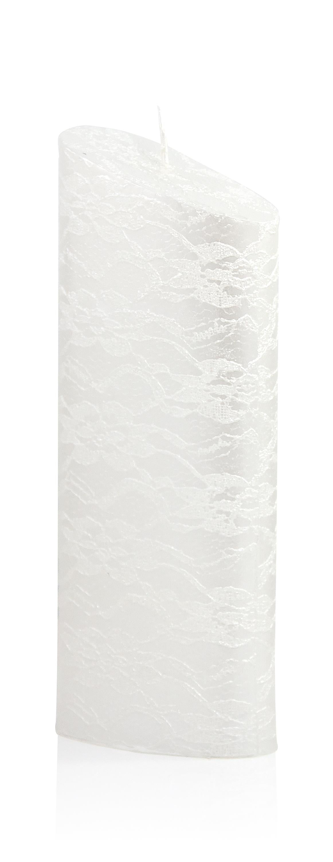 Formenkerze Ellipse groß mit Spitzenmusteroptik Perlmutt-Silber 220/85mm (Weiß)