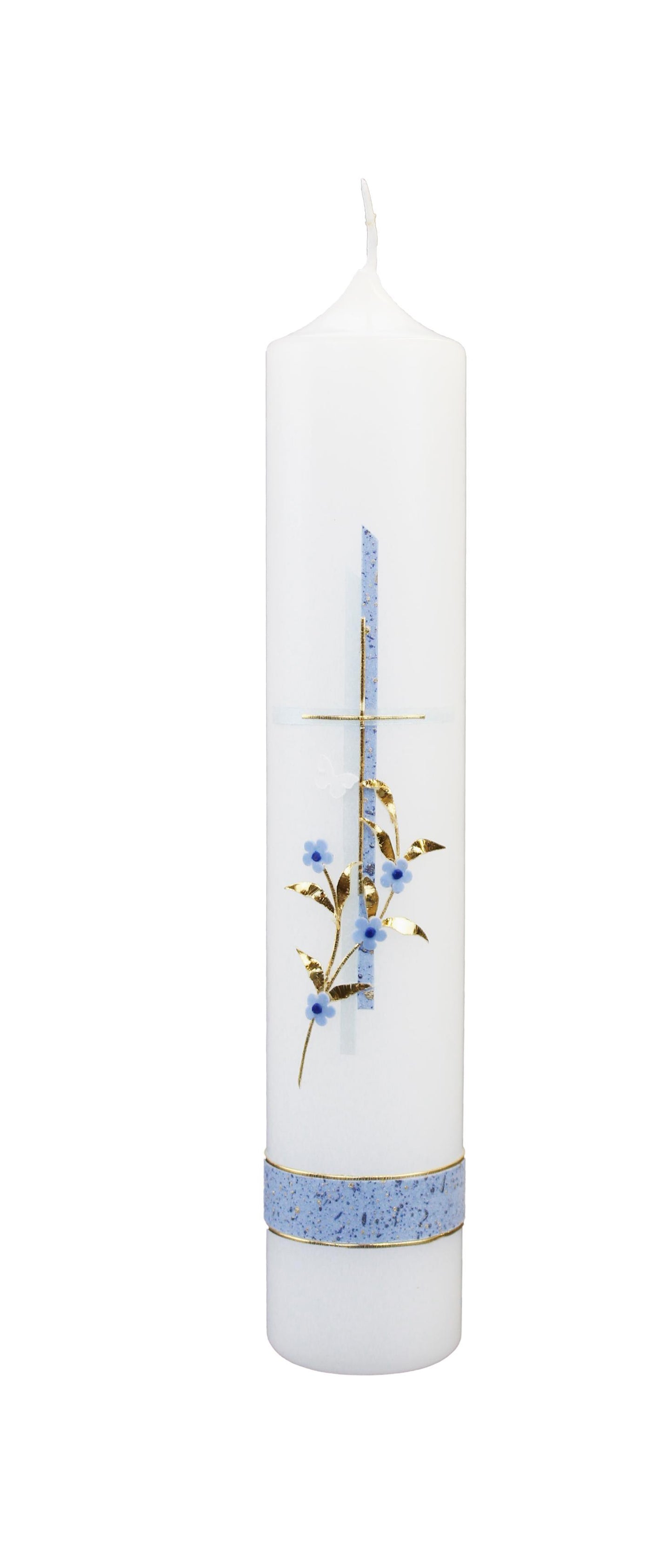 Tauf-Kommunionkerze Kreuz Blumenranke 265/50mm (Blau)